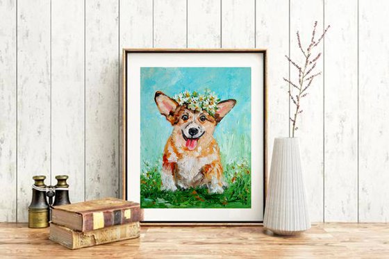 Summer Smile, Smiling Corgi Painting Original Art Dog Artwork Pet Portrait Floral Daisies Wreath Wall Art