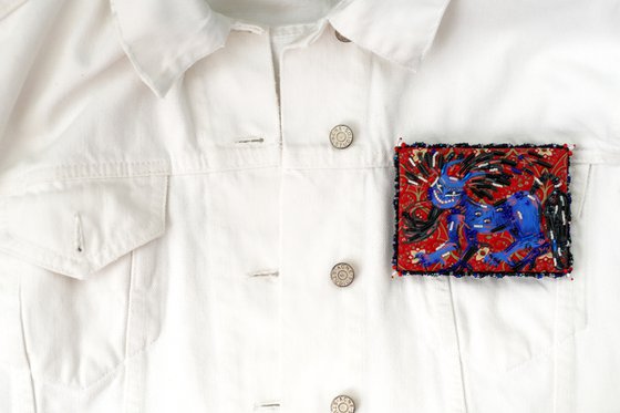 Blue lion, fantasy cat. Painting - Brooch