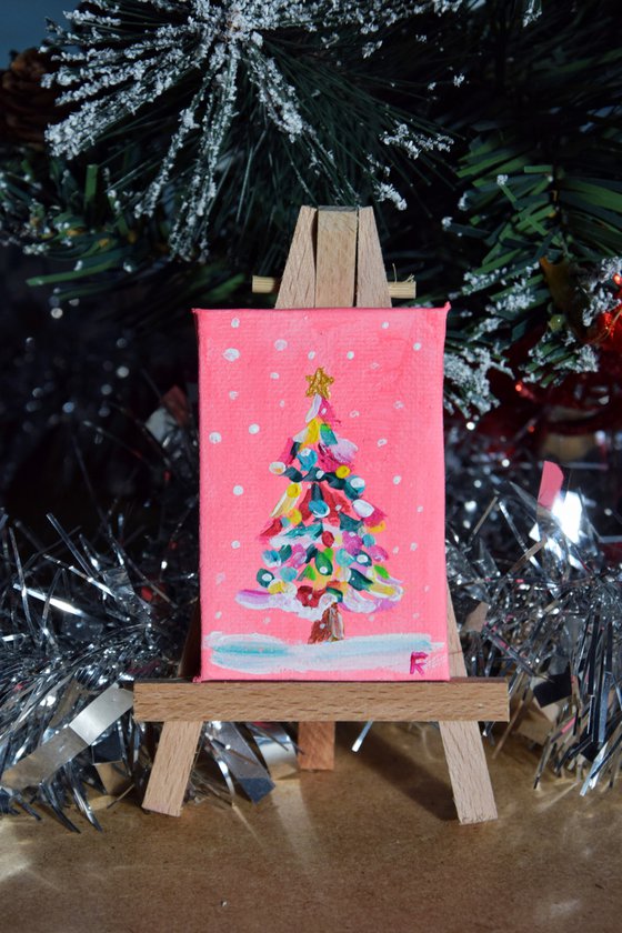 Christmas tree original mini acrylic painting on canvas, New Year pine tree picture on easel