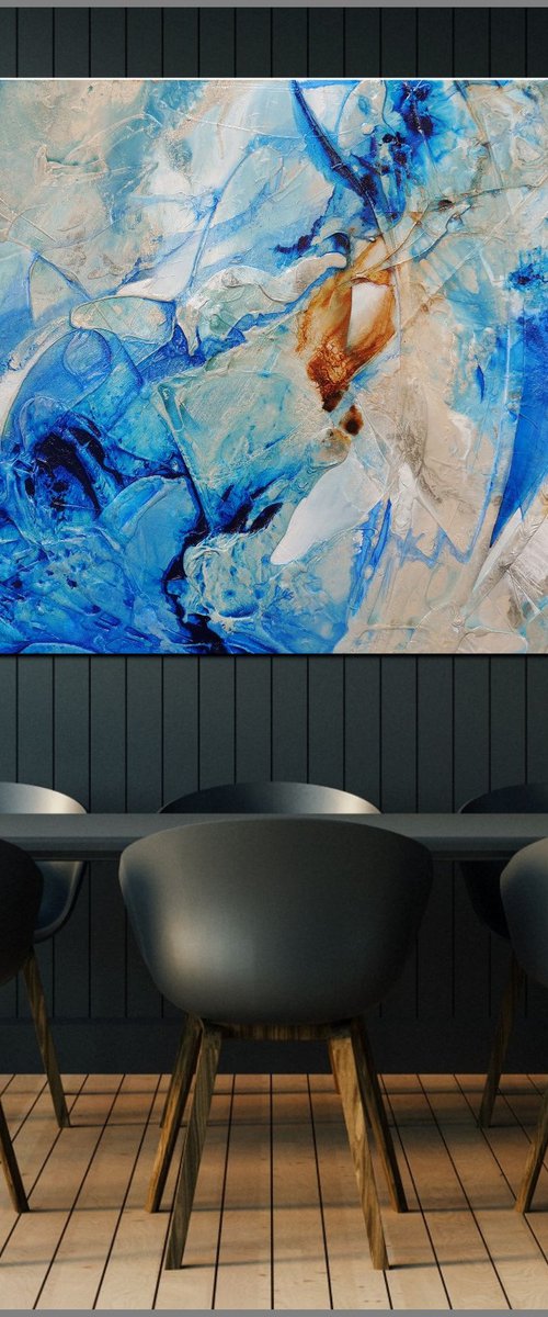 Blue Casbah 190cm x 100cm Blue Cream Textured Abstract Art by Franko