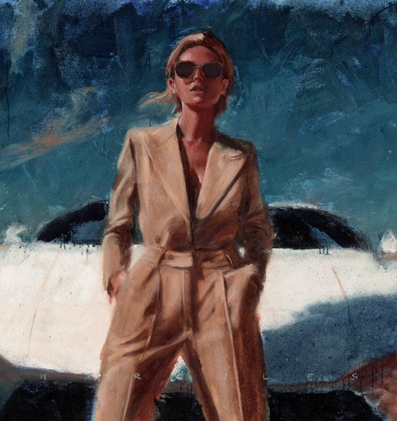 Ride with me | white sportscar strong power woman in beige suit blue sky
