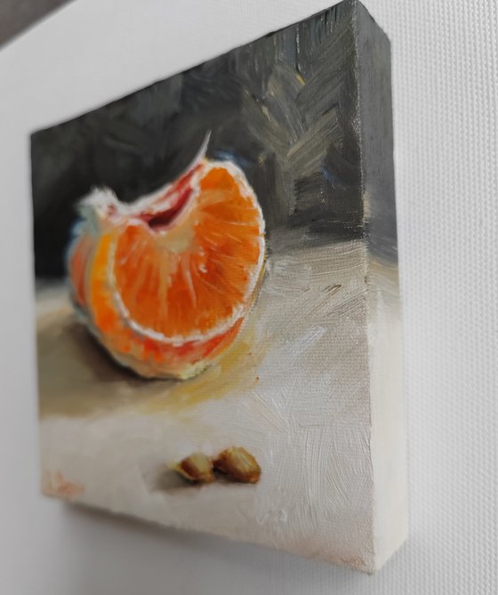 Tangerines slice fruit still life oil painting realistic citrus wall decor 4x4"