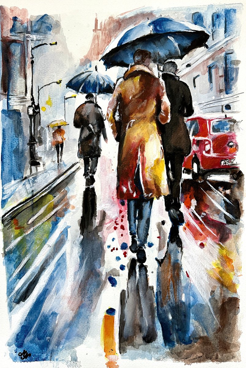 Impressionistic Portrait Acrylic Painting By Misty Lady - M. Nierobisz, 13 X 19", City In Rain, Original Artwork