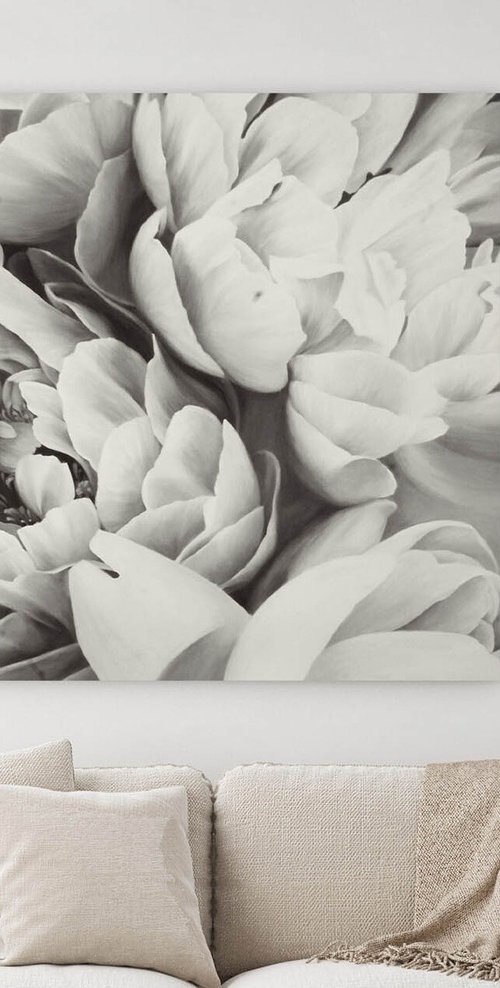 "Peonies bouquet" White black flower oil art by Olha