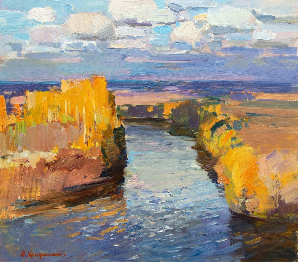 Impressionistic Landscape Oil Painting By Aleksandr Kryushyn, 18 X 16, The Seim River, Original Artwork