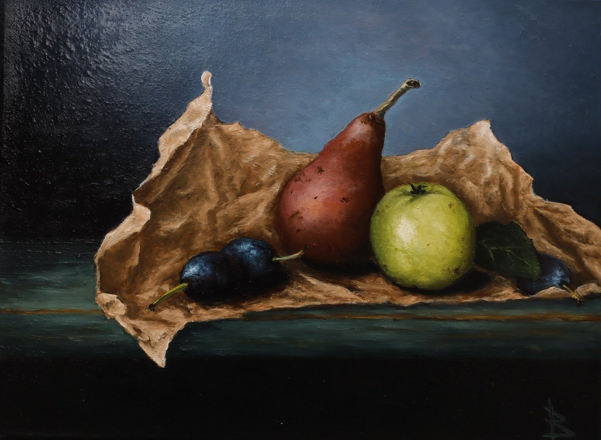 Impressionistic Still Life Oil Painting By Oleg Baulin, 16 X 12", Red Pear, Original Artwork