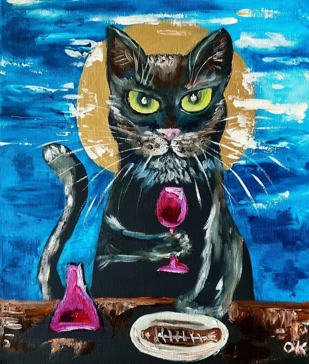 Impressionistic Animal Painting By Olga Koval, 12 X 14", Evening Cat. Wine Time, Original Artwork
