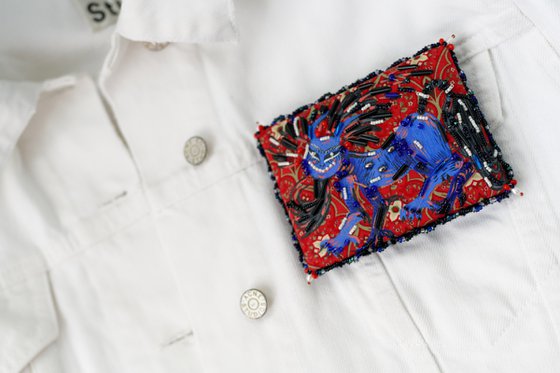 Blue lion, fantasy cat. Painting - Brooch
