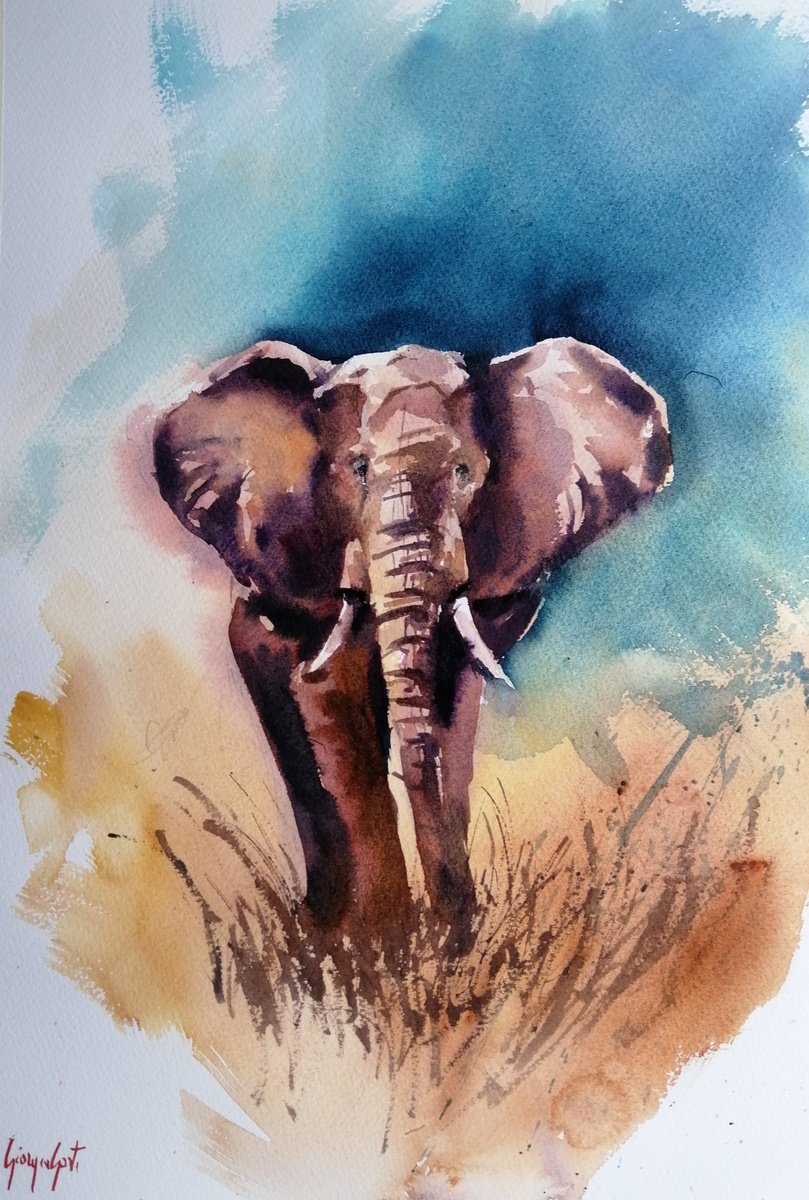 Impressionistic Animal Watercolour By Giorgio Gosti, 14 X 21, Elephant 15, Original Artwork