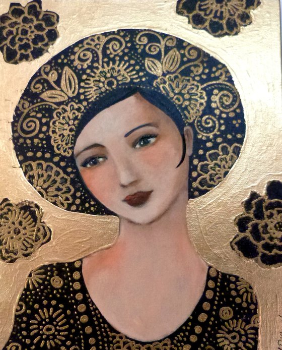 Adagio Gold: Female  icon on canvas 21x 27cm.