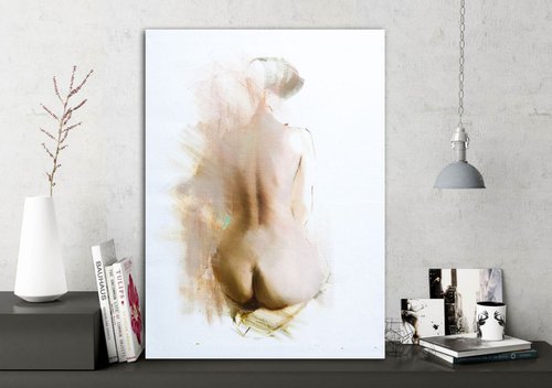 Nude Female Painting - Touching the Feather, 40x55 cm by Yuri Pysar