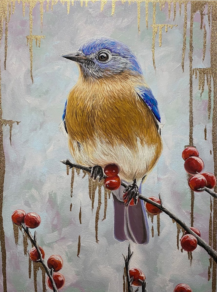 Photorealistic Animal Oil Painting By Elena Adele Dmitrenko, 18 X 24, Bluebird On Red Berries, Original Artwork
