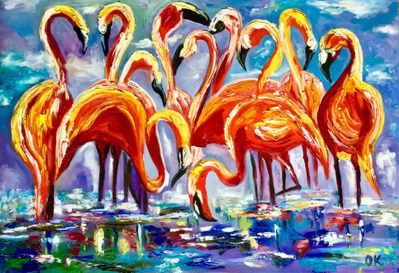 ORANGE FLAMINGOS. LARGE SIZE PAINTING. Original oil palette knife painting on linen canvas.