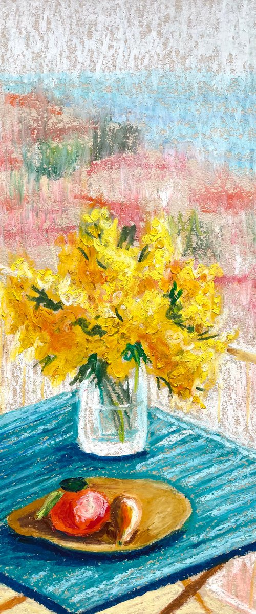 Mimosa Original Painting, Yellow Flowers Oil Pastel Painting, Italian Balcony Drawing by Kate Grishakova