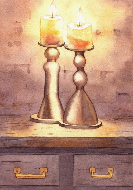 Ukrainian watercolour. Two candles. Wonderful evening