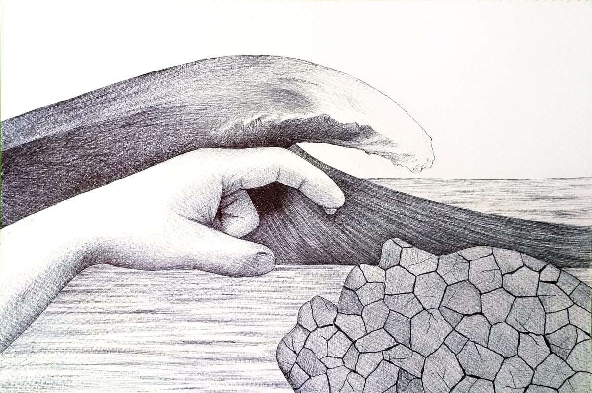 Surrealistic Landscape Ink Drawing By Andromachi Giannopoulou, 10 X 6, Waiting For A Tsunami, Original Artwork