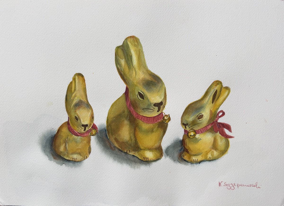 Impressionistic Watercolour , Lindt Easter Bunnies - Mom And Kids 2 By Krystyna Szczepanowski, 14 X 10, Artwork For Sale On Artfinder
