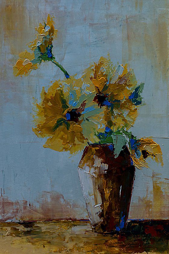 Still life painting with sunflowers