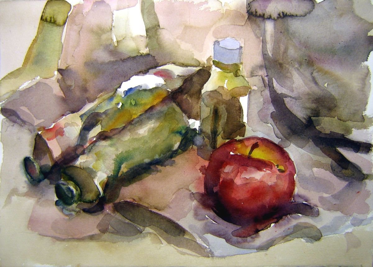 stil life with apple and tubes... by Goran Zigolic Watercolors