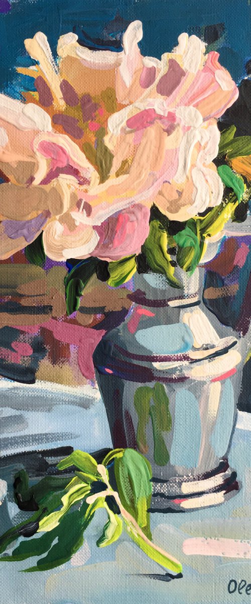 Peony in a silver vase by Ole Karako