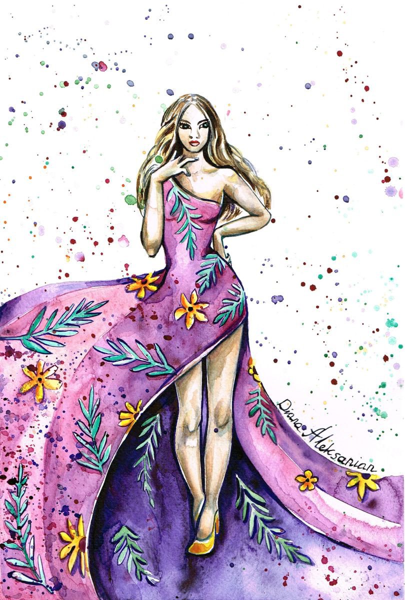 Lady in Purple Flowery Dress by Diana Aleksanian