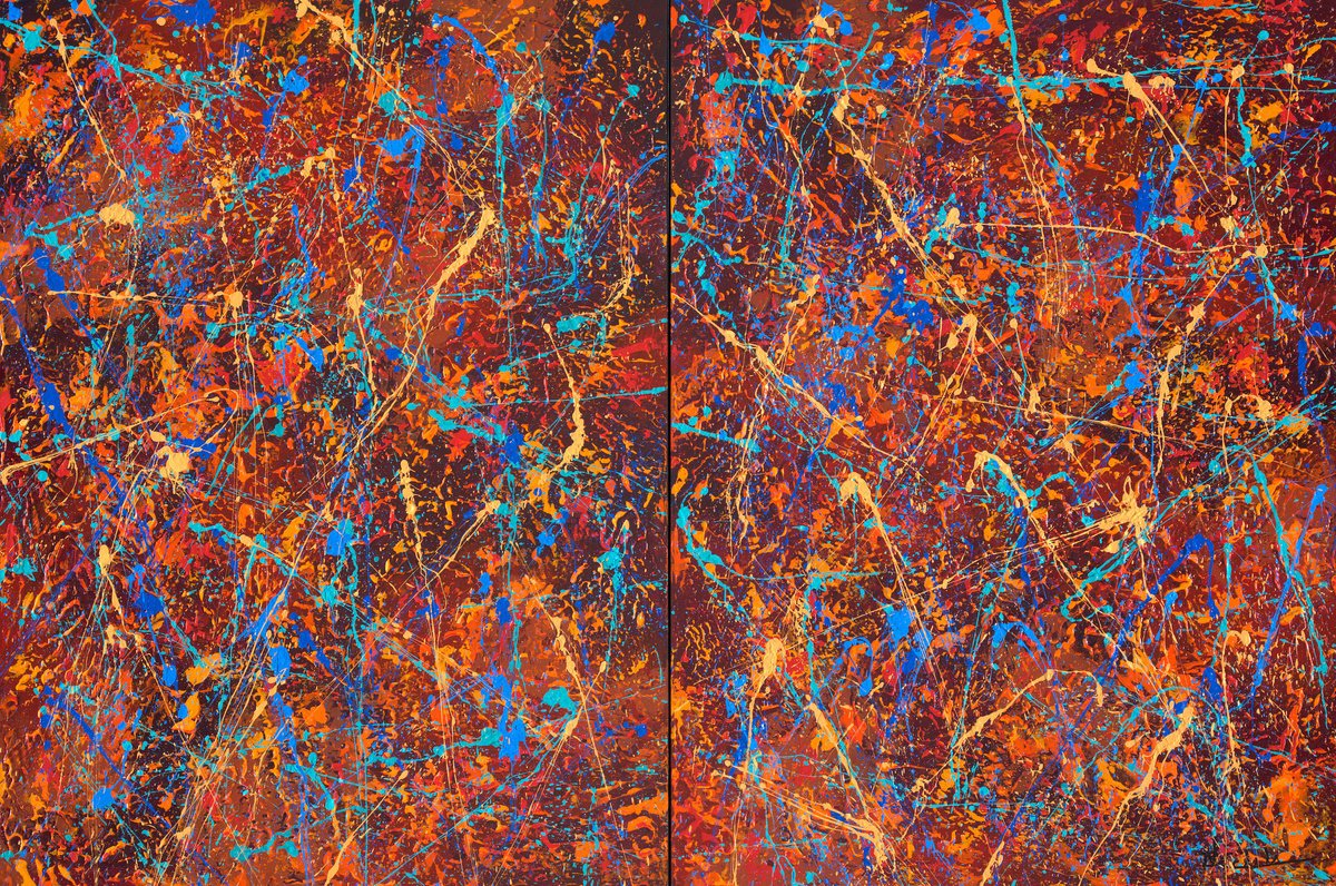 Organic Abstract Acrylic Painting By Nancy Eckels, 60 X 40", Color Chaos Diptych, Original Artwork