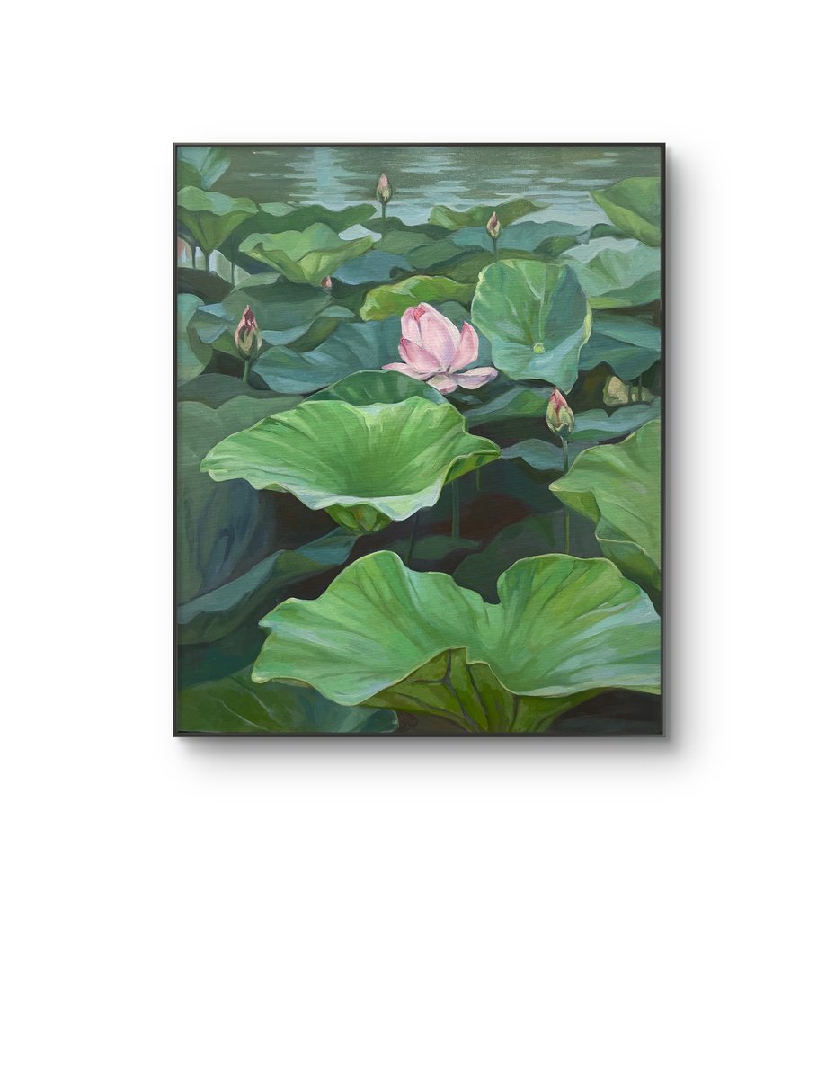 Photorealistic Botanical Oil Painting By Guzel Min, 20 X 24, Lotuses Landscape, Original Artwork