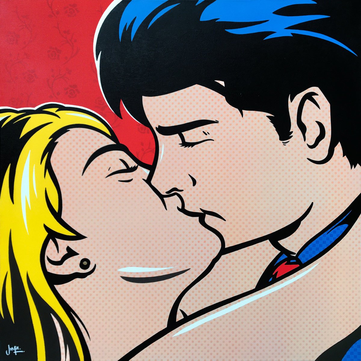 Urban And Pop Portrait Acrylic Painting By Jamie Lee, 31 X 31, The Kiss, Original Artwork
