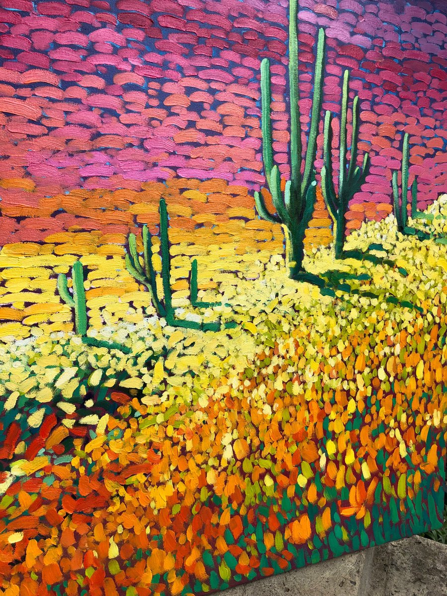 Impressionistic Landscape Oil Painting By Volodymyr Smoliak, 24 X 28", Warm Sunset In Desert, Original Artwork