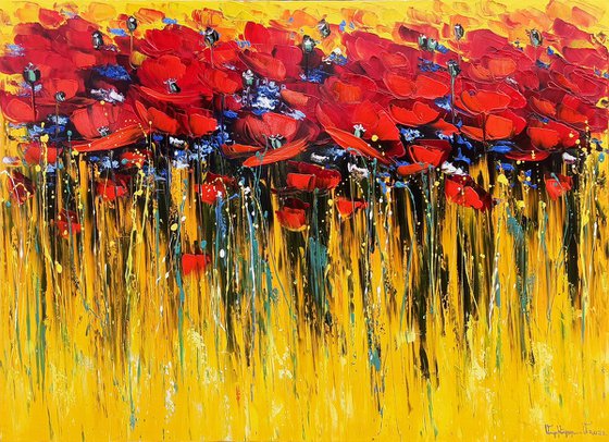Abstract Red poppies (60x80cm, oil painting, palette knife, ready to hang)
