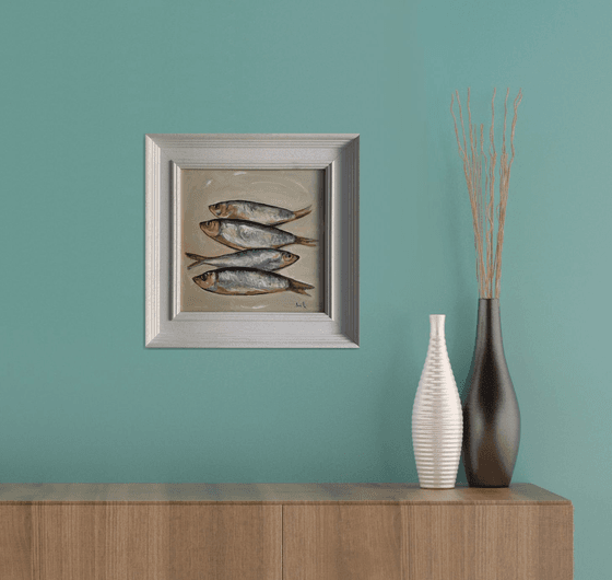 Original oil painting Framed Four Fish Still Life Contemporary Artwork