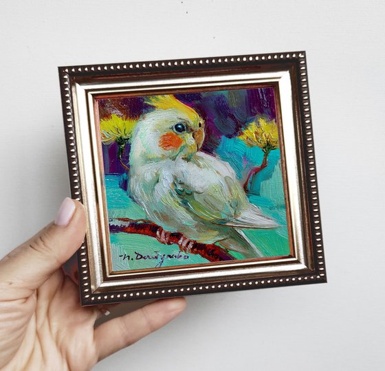 Parrot bird painting original small oil art framed 4x4 inch