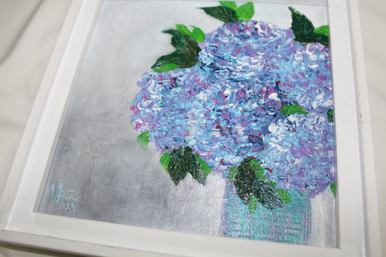 Lovely Hydrangeas Flower vase - Framed Acrylic Painting - floral artwork