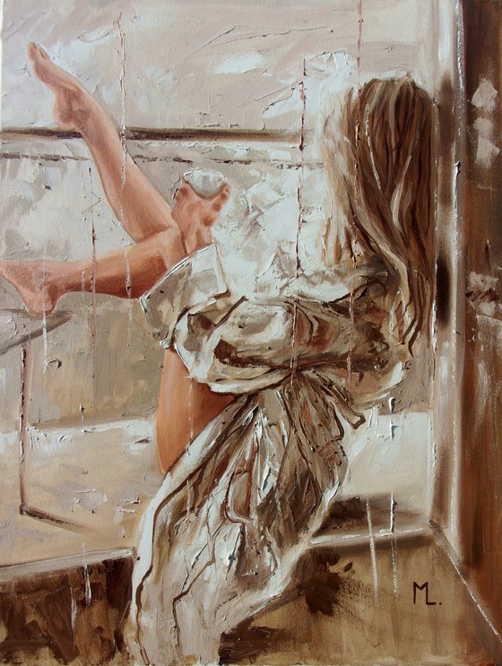 " BEST COFFEE IN ... "-   liGHt  ORIGINAL OIL PAINTING, GIFT, PALETTE KNIFE nude WINDOW