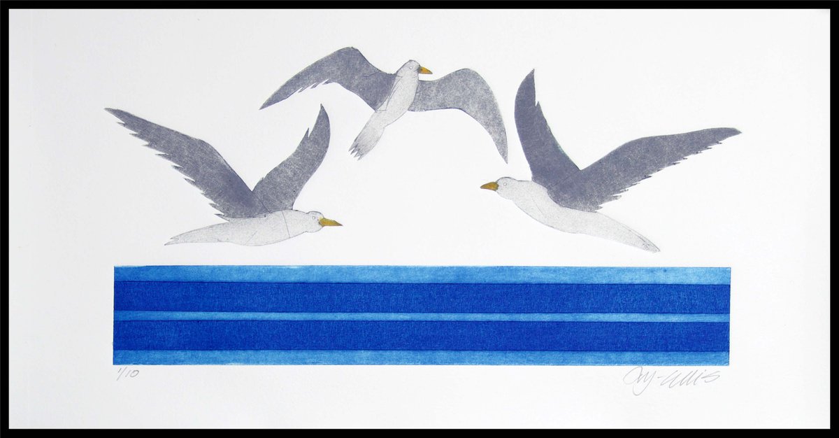 Three Gulls, collagraph handmade print by Mariann Johansen-Ellis
