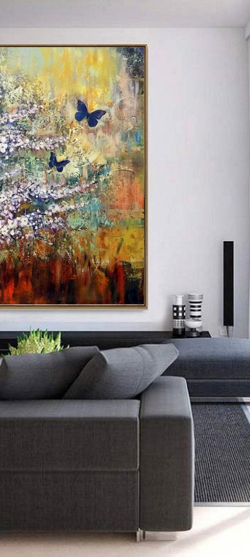 Two butterflies, flowers butterflies landscape large painting by Areti Ampi
