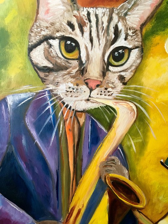 Cat  Saxophonist, musician, feline art for cat lovers.