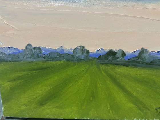 Sunset over the field. Plein air