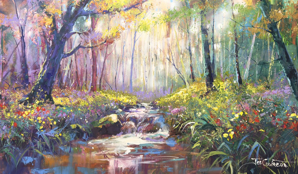 Impressionistic Landscape Acrylic Painting By Jos Coufreur, 73 X 42, Forest Creek 6, Original Artwork