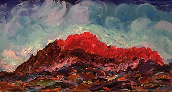 MOUNTAINS - Landscape - Oil Painting - Red Mountainscape 50x100cm