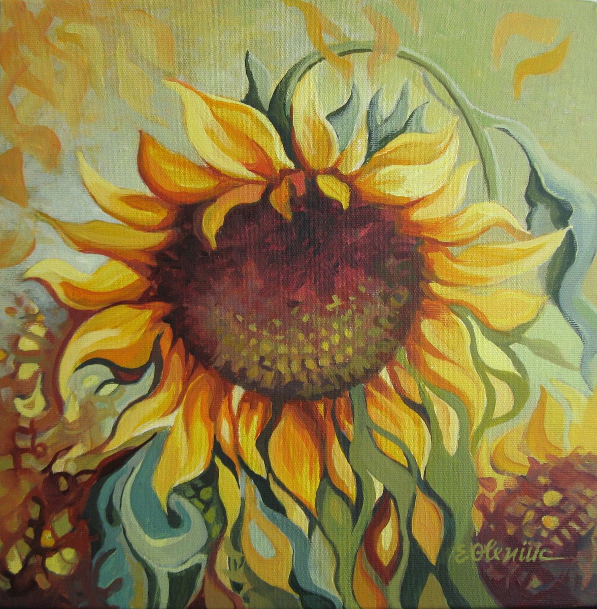 Expressive Botanical Acrylic Painting By Elena Oleniuc, 14 X 14, Sunflower, Original Artwork