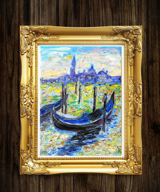 "Night Boats in Venice" Original Oil on Canvas Board Painting 6 by 8 inches (20x15 cm)