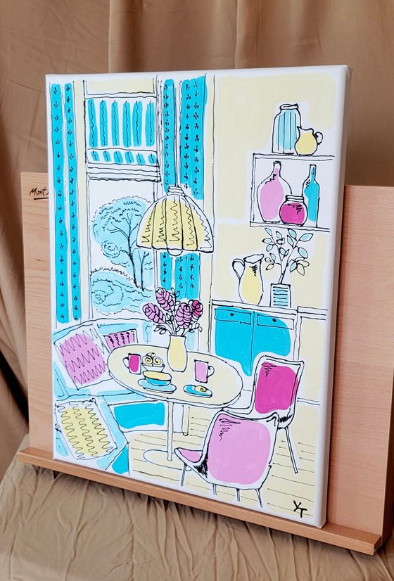 Kitchen with a yellow lamp