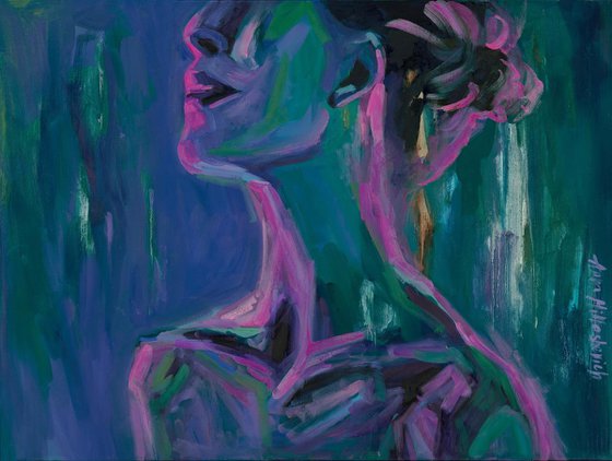 Сontemporary large nude woman portrait in purple and pink