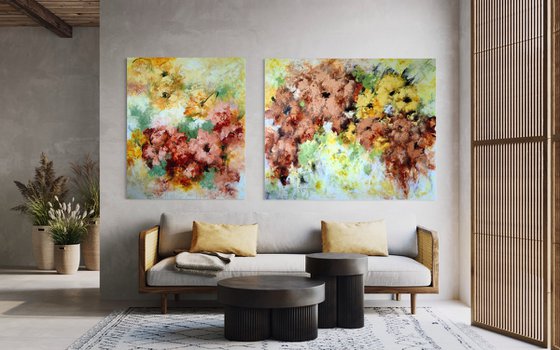 "Enchanted Blooms III" Diptych from "Colours of Summer" collection, XXL abstract flower painting