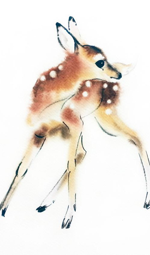 A Fearless Baby Deer by Olga Beliaeva Watercolour