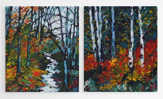 The Magic of Fall Colors - SET OF 2 PAINTINGS - impasto textured original oil diptych, fall stream landscape