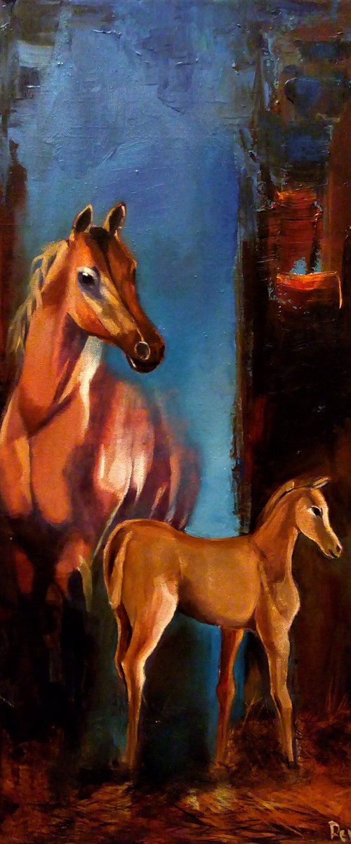 Horses Family  - Original Oil Painting by Reneta Isin