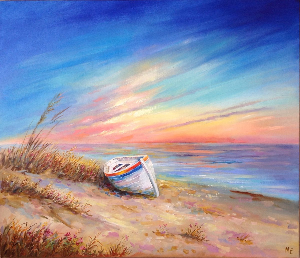 Impressionistic Landscape Oil Painting By Olena Hontar, 28 X 24", Quiet Harbor, Original Artwork