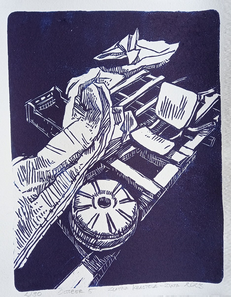 Transport Linocut By Zlatina Krusteva, 9 X 12", "October 5: Raft", Original Artwork